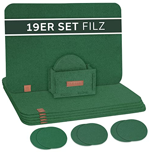 TULENO® Tischset Filz grün 19-teilig - Platzdeckchen abwaschbar inkl. Untersetzer - Platzsets abwaschbar als Tischuntersetzer & Tischunterlage Esstisch - Tischsets rutschfest - Platzset abwischbar