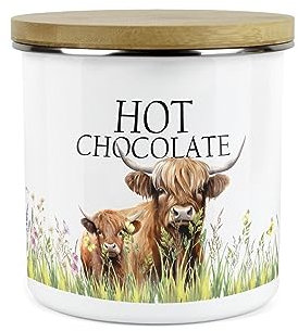 Purely Home Highland Cow & Calf Kitchen Hot Chocolate Storage Canister - Countryside Farm Metal Enamel Food Storage Container