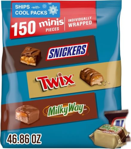 SNICKERS, TWIX, & MILKY WAY Minis Chocolate Candy Bars Variety Pack, 150 Ct Bulk Bag