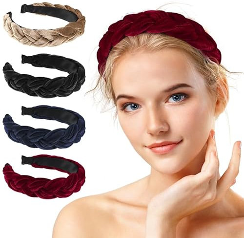 Newofview 4 Stück Samt Haarreif Geflochten Stirnband Breit Haarreif Vintage Haarreifen, Mode-Stirnbänder für Frauen, Mode Haarschmuck für Damen Mädchen(Schwarz+Rotwein+Marineblau+Kamel)