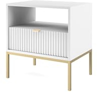 BETTSO - Nova S-54 - Nachttisch - Beistelltisch - Schubladenschrank - Nachtschrank - mit hohen Metallbeinen - Geriffelt - Schlafzimmer - Modern, Glamour - Weiß - mit goldenen Griffen