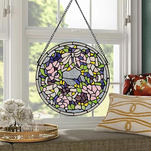Handgefertigtes Buntglas-Fensterpaneel – 30,5 cm rundes Blumenmuster mit lebendigen Farben, elegante dekorative Hängekunst für Heimdekoration, inklusive 50,8 cm Kette und Haken (rosa Iris)