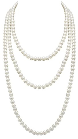 Perlenkette weiß 150 cm,1920s Gatsby Kostüm Accessoires Lange Perle Halskette,Dame Weiße elegante künstliche Perlen-Halsketten -lange Strickjacke-Perlen-Ketten-Halskette