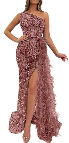 Onsoyours Robe Sans Manches Asymétrique Pailletée de Soirée Fendue en Plumes Longue de Cocktail pour Femme A Rose M