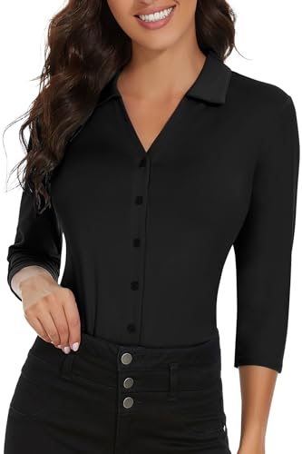 Soneven Schwarze Bluse Damen Elegant Blusenshirt Damen mit V-Ausschnitt Poloshirt Langarm Golf Polo Business Oufit Hemdbluse Oberteil M