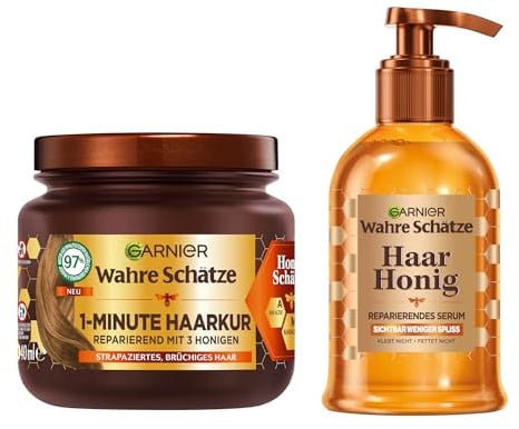 Garnier Wahre Schätze Honig Schätze Pflegeset | Reparierendes Serum (115ml) + Haarkur (340ml) | Mit Akazienhonig & Bienenwachs | Für Geschmeidigkeit & Glanz