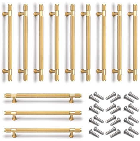 Bwintech 12 Pcs 218MM Gold Anodised Knurled Cabinet Handles,160MM Hole Centers Cupboard Knobs,Cupboard,Wardrobe,Drawer Handles