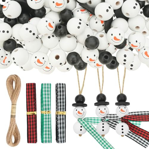 Dluszert 120 Stück Schneemann Holzperlen für Weihnachten, Natürliche Holzperlen für 30 Sets Schneemänner, 18mm Schneemann Holzkugeln mit Schnur Schal, Weihnachtsperlen für Weihnachtsdeko DIY