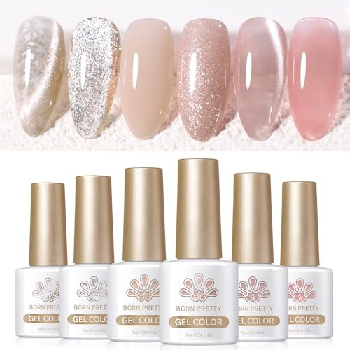 BORN PRETTY Jelly Gel Nail Polish, Glitter Gel Polish, Pink Cat Magnetic Eye Gel Nail Polish, Sheer Crystal Transparent Sparkle Gel Nail Polish, Nail Manicure Valentine's Day Spring Summer 6PCS 7ml