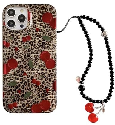 aaknhen Leopard Cherry Phone Case for iPhone 14 Pro(Not Max),Cute Trendy Cherries Cheetah Print Design with Charm Chain,Summer Fruit Pattern Protective Cover for Girl Women 6.1''