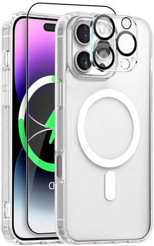 ZQYFCDZ Custodia Magnetica per iphone 16 pro Compatibile con MagSafe Accessori ，antivibrazione e antigraffio [3 in 1] con Lens Protector and 1 Protezioni Dello Schermo, trasparente
