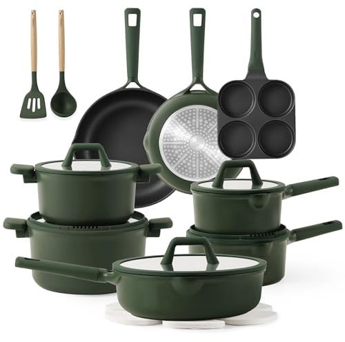 CAROTE 19pcs Nonstick Cookware Sets, Pots and Pans Set Non Stick,kitchen cookware set,Premium Induction Cookware, Green Cookwares, Frying pans, cooking sets