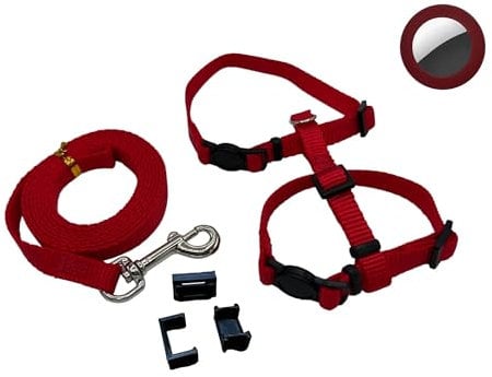 Katzengeschirr für Tracker mit Sicherheitsverschlüssen und Leine (Rot, S inkl. Airtaghalter (2-3kg))