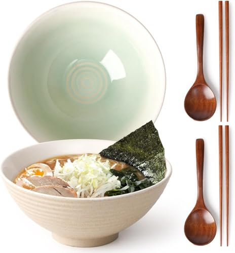 NUTRIUPS 1200ml Ceramic Ramen Bowl Set of 2 Noodle Bowls with Chopsticks and Spoons(Teal)