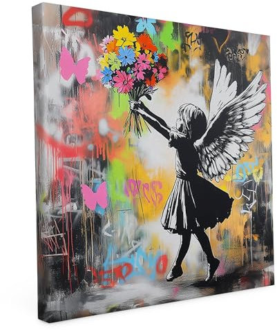 Banksy Motive - Wandbild auf Leinwand – Keilrahmen bedruckt - matter Kunstdruck – Graffiti – Street Art – 2cm Holzrahmen - Engel und Schmetterlinge, Quadratisch (80x80 cm)
