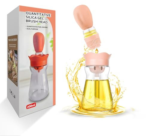 BENTFINE Flacon Distributeur d'huile avec brosse en Silicone, 2 en 1 200 ml Distributeur Bouteille d'huile d'olive Pinceau en Silicone pour Cuisine, Friture, Sauce, Barbecue, Crêpes (Crème Blanche)