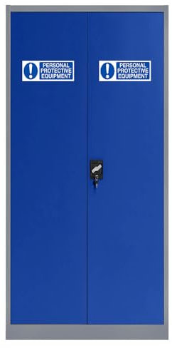 The Workplace Depot Metal Cabinet, Tall and Wide Grey/White Lockable Cabinet with Adjustable Shelves (Blue + PPE Sticker)