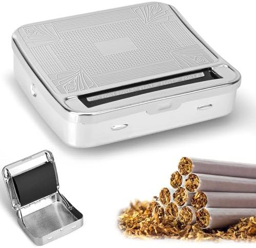 Zigarettenrollmaschine Tabakrollmaschine, Epehio Automatische Tabakrollbox aus Metall mit Reiner Baumwolle & festem Bild, Zigarettenrollmaschine für schlanke & kompakte Rollen, 70 mm, Silber