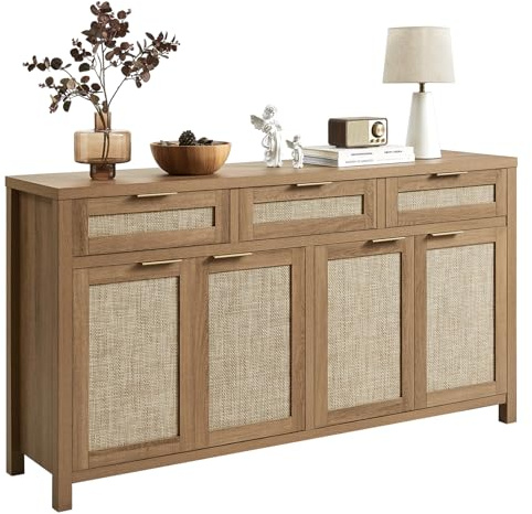 HOKYHOKY 63 Rattan Sideboard Buffet Cabinet, Boho Storage Cabinet with Adjustable Shelves, Farmhouse Credenza Coffee Bar Cabinets with 4 Doors & 3 Drawers for Living Room, Hallway & Kitchen