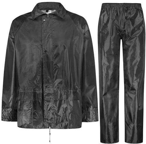 BWOLF Himalaya Combinaison de pluie pour homme à manches longues imperméable avec taille élastique Veste à capuche Vêtement de pluie + pantalon de pluie 2 poches, Noir , XXXXL