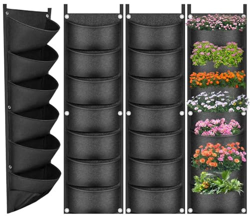 WDKXCN Hanging Planter Bags, 4 Pack Living Wall Planter Outdoor with 7 Pocket, Single-Row Felt Hanging Grow Bags, Vertical Garden for Vegetable Strawberry Flower Yard, Garden & Balcony(Black)