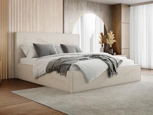 WFL GROUP Polsterbett 200x200 mit Bettkasten und Lattenrost – Creme Bett mit hohem Kopfteil, Boucle Stoff - Modernes Doppelbett mit Stauraum – Bettgestell, ohne Matratze – Terra Slim - Beige