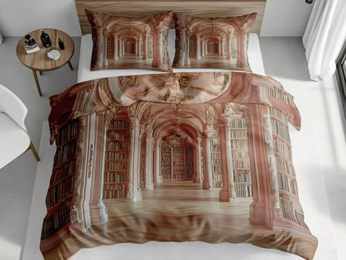 SKOEUI Housse de Couette Imprimée Bibliothèque Rétro Parure de Lit Microfibre Douce Chaude 240x260cm Housses de Couettes Literie avec Fermeture Éclair avec Taie d'oreiller Rose Clair