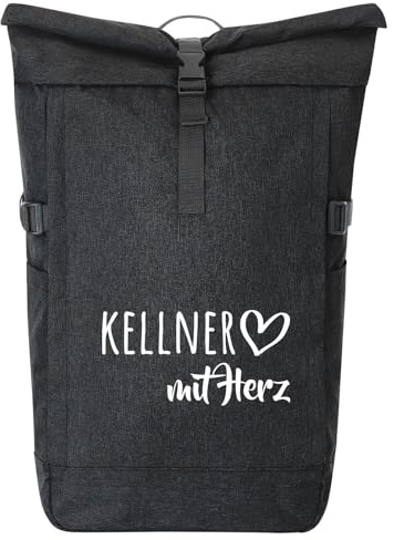 Huuraa Kurierrucksack Kellner mit Herz 30-44 Liter Black Melange Fairtrade Rolltop Rucksack Geschenkidee