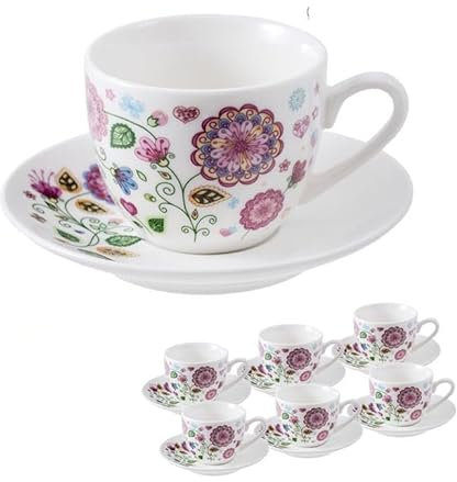 DRW Set 6 tazze con piatto in porcellana con fiori tonalità rosa 100 ml. Tazza: 6,5 x 6,5 x 5 cm