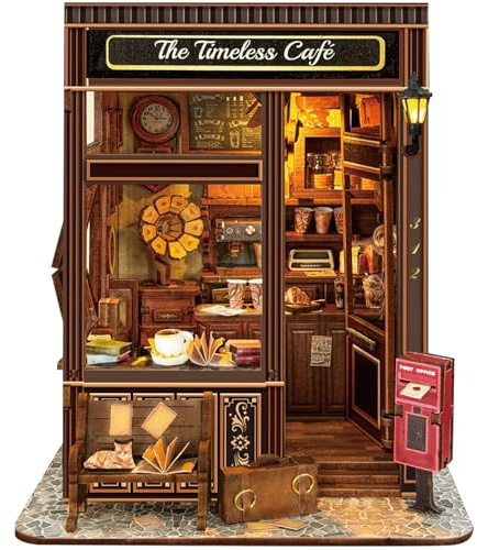 The Timeless Cafe Book Nook Vintage Miniatur Puppenhaus mit LED Beleuchtung, DIY 3D Puzzle Bücherregal Dekor für Erwachsene, Kaffeehaus Geschenke für Buchliebhaber
