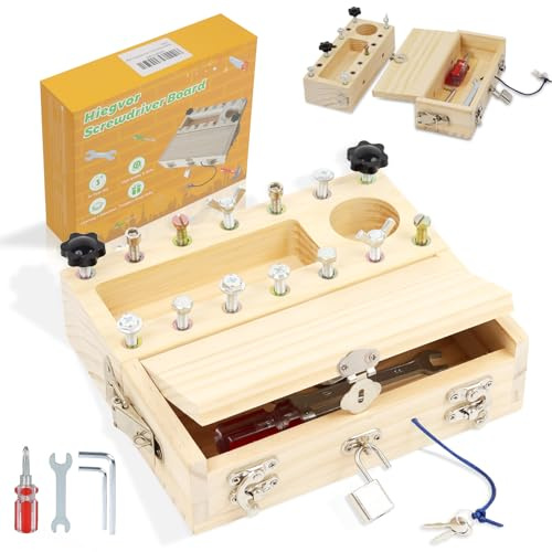 Hiegvor Montessori Spielzeug ab 3 4 5 Jahre, Motorikspielzeug Holzspielzeug Schraubendreher Busy Board mit Schlüssel und Schloss, Lernspielzeug Geschenk für Jungen Mädchen