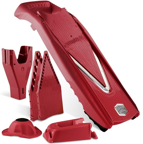 Börner by Reston Lloyd Gemüsehobel V5 (Profi-Set) • V-Hobel mit 10 Schneidarten & Sicherheits-Lebensmittelhalter • Verstellbarer Küchenhobel für Gemüse & Obst • Farbe: Rot