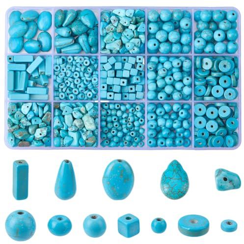 BEAMARKER 1021 Stück 12 Stile Türkis Perlen Sets Runde Scheibe Rondell Chip Oval Tropfenform Quader Würfel Lose Abstandshalter Türkis Steinfelsen Für Die Schmuckherstellung Charms Halsketten Armbänder