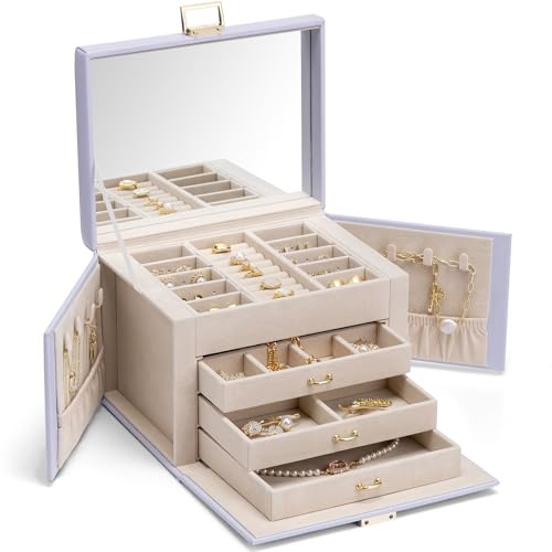 VLANDO Schmuckkästchen Groß 4 Ebenen,PU Schmuckaufbewahrung mit Spiegel | Geschenk für Damen, Schmuckkasten Für Ohrringe,Halsketten,Ringe,Schmuckschatulle, Lila