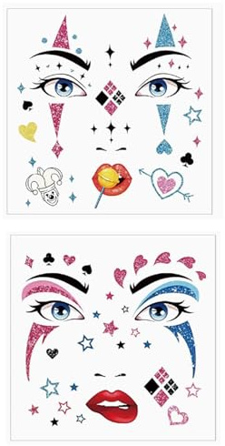 Gleevio Gesichtstattoo Karneval, 2 Stück Clown Schminke Face Art Sticker, Karneval Face Tattoo, Tattoo Gesicht, Clown Temporäre Tattoos, Gesichtstattoo für Pantomime Kostüm Zubehör, Fasching, Festival