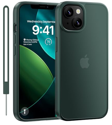 ORDA Matte Case for iPhone 15 With lanyard, Shockproof Military Grade Drop Protection, Frosted Translucent Back Phone Cover for iPhone 15 Case,Green