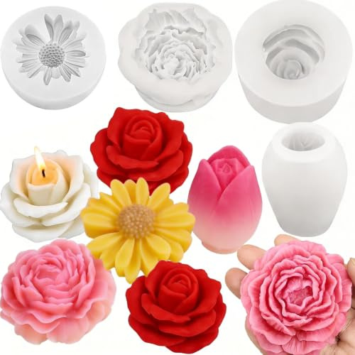 4 piezas de moldes de silicona para velas, molde de vela de margarita de silicona 3D, moldes de silicona de margaritas para velas, moldes para verter velas florales