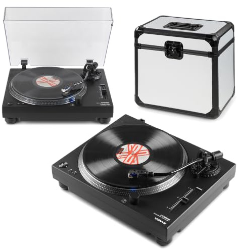 2x Vonyx DT3000 Belt-Driven Vinyl DJ Turntables with LP82 Record Case, Audio-Technica Cartridge, USB Output, Phono Preamp, Pitch Control for DJ and Home Hi-Fi Listening