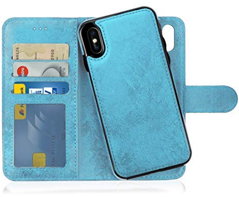 MyGadget Flip Case für iPhone XS Max - [ abnehmbare Magnet Hülle ] - Handyhülle aus Kunstleder - [ Klapphülle mit Kartenfach ] Schutzhülle in Hellblau