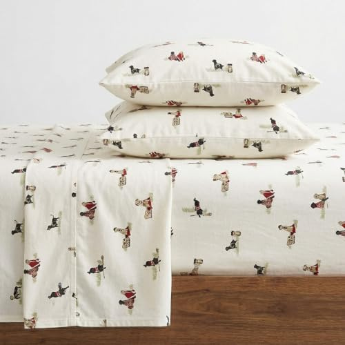 Eddie Bauer - Flannel Sheets Queen Size, Anti-Pilling & Wrinkle Resistant Cotton, Bed Sheets with Matching Pillowcases & Fitted Sheet (Retriever Adventure Ivory)