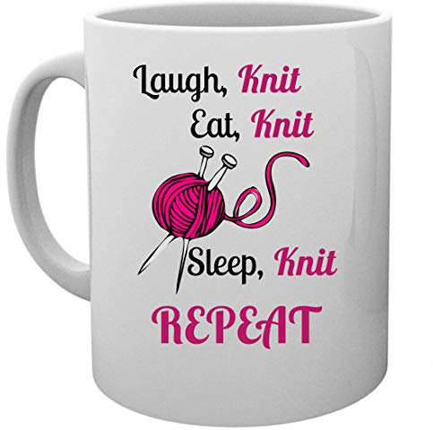 White Ceramic Novelty 11 Ounce Coffee Mug - A Great Gift Idea & Cute Funny Present – Knitting Mug Wool Knitting Theme Saying Laugh Eat Sleep Repeat