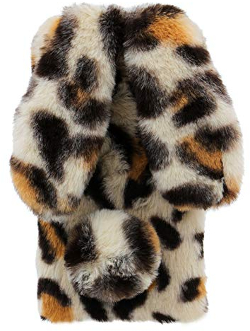 DasKAn 3D Hasenohren Plüsch Hülle für iPhone 7/8/SE 2020 4,7' Handgemacht Diamant Strass Design Winter Warm Weich Kaninchen Flauschig Fell Handyhülle Stoßfest Silikon Schutzhülle, Leopard Beige