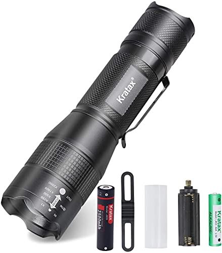 Kratax LED Torch UV Light 2 in 1 Torches,Super Bright USB Rechargeable Torch Tactical Flashlight,Adjustable Waterproof Small 4 Modes Torch Light for Camping Biking (18650&3AAA Batteries Included)