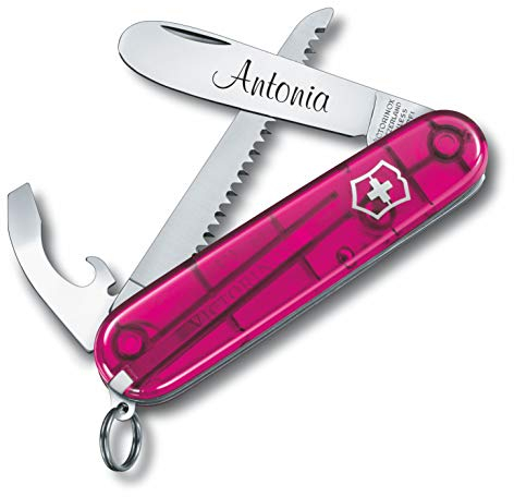 Kinder Taschenmesser MY FIRST VICTORINOX Wunsch Gravur runde Klinge I Geschenk für Kinder I zum Geburtstag I Schweizer Taschenmesser personalisiert mit 9 Funktionen 0.2373.T (pink transparent)