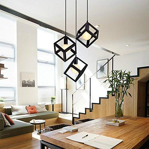 LEDSone 3 Head Black Square Cage Pendant Light Shade, Modern Metal Cage Loft Bar Triple Hanging Pendant Ceiling Light Fittings with Height Adjustable Cable for Living Room, Hotel, Cafe, Dining Room