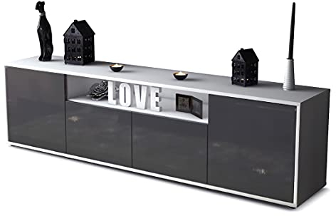 Stil.Zeit TV Schrank Lowboard, Akela, Korpus Weiss matt, Front Hochglanz Design Graphit, (180x49x35cm), Push to Open Technik & Leichtlaufschienen