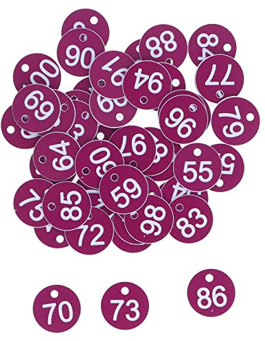 50 Stück Kunststoff ID Nummernschilder mit 4 mm Loch, Nummerierte Bienenstock Etiketten ohne Ringe, Zahlenmarken Anhänger für Imkerei, Tierhaltung, SPA, Auto, Gepäck, Hochzeitsfeier(51-100-Violett)