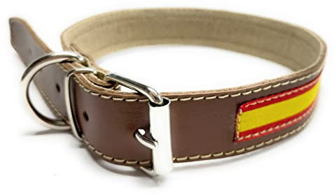 Collar Cuero para Mascotas | Bandera España | Collar Perro | Mascotas | Piel (Cuello DE 26 A 36 CMS., MARRÓN ESPAÑA Centro)