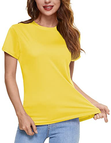 KEFITEVD Laufshirt Damen Atmungsaktiv Dünn Rundhals Sommer Oberteil Polyester Sport Top Kurzarm T-Shirt Gelb M