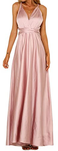 Vestido De Fiesta Mujer Elegante Largo De Noche Escote En V A-línea Sin Mangas Vestido De Dama De Honor De La Boda Cóctel (Pink,M,M)